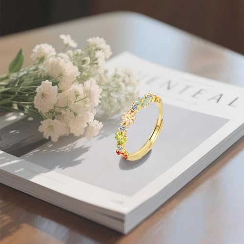 Dainty Daisy Rings Colourful Flower Adjustable Rings for Women Jewelry, Friendship Promise Fashion Jewelry Valentine