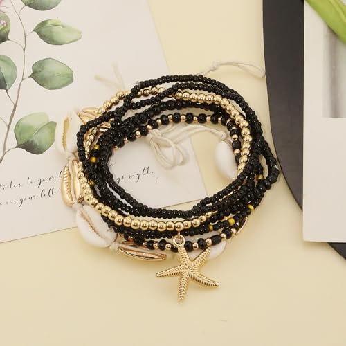 Shell Anklets Bracelet for Women Waterproof Surfer Starfish Bracelet Puka Shell Anklet Colorful Boho Stack Stretch Bead Bracelet Set Hawaii Summer Beach Vacation Foot Jewelry - color: Black