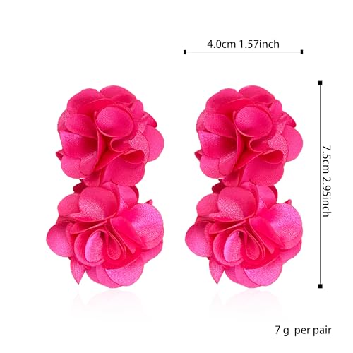 Oversized Fabric Flower Earrings for Women Statement Boho Chic Dangle Drop Earrings for Parties Weddings or Everyday Wear - color: Hot Pink