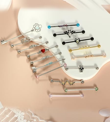 Suotarn 14G Industrial Piercing Jewelry For Women Men Stainless Steel 38 Industrial Barbell Long Cartilage Helix Conch Earrings Stud 14G Gauges Industrial Jewelry Butterfly Heart Cool 7-18pcs - color: set #2