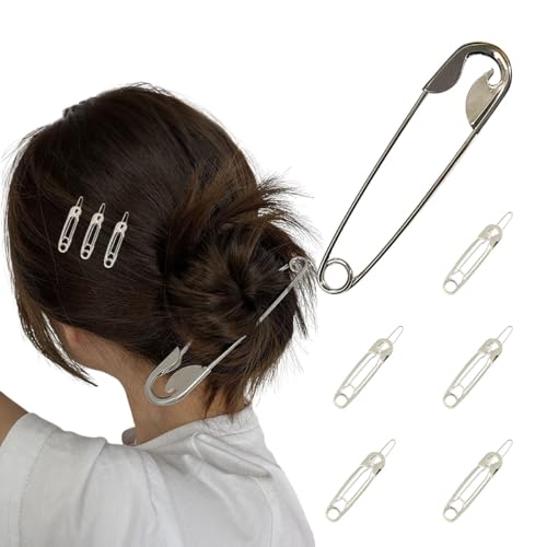 Metal Safety Pin Shape Hair Clips, Silver, Goth Barrettes for Women, French Hair Accessories, 6 Pack