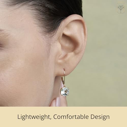 14k White or Yellow Gold Cushion Cut Gemstone Dangle Earrings for Women with 8mm Birthstones by MAX + STONE - color: Aquamarine