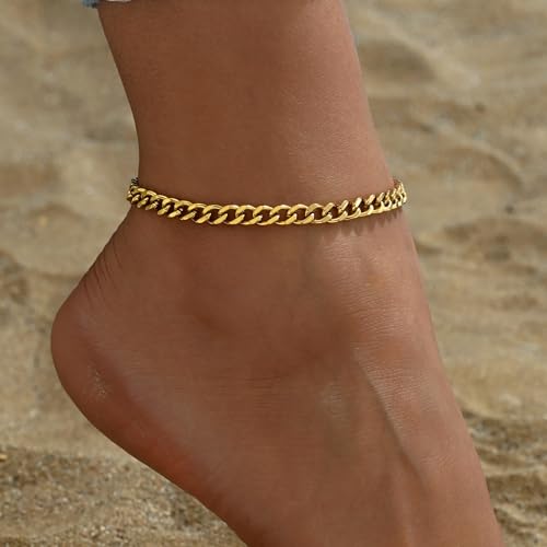 Dainty Ankle Bracelets for Women 18K Gold Plated Satellite Beaded Herringbone Lip Chain Anklets Simple Minimalist Summer Beach Foot Jewelry Christmas Gifts - color: Cuban-Gold