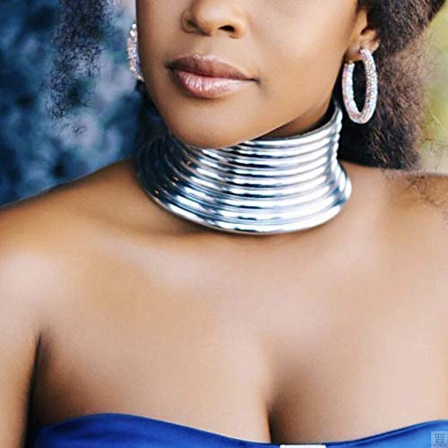 African Choker Collars Necklace,Snap Egypt Punk Gothic Chunky Leather Bib Statement Necklaces for Women and Girls - color: Silver Set
