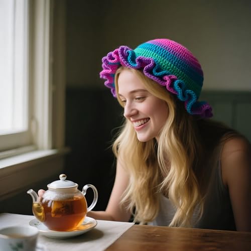 Handmade Crochet Bucket Hat for Women Boho Chic Slouchy Design Colorblock Ruffled Brim Festival&Daily Crochet Hat - color: Dopamine Color