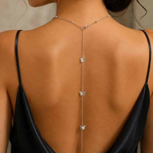 Back Necklace for Backless Dress Body Chain Jewelry for Women Adjustable Rhinestone Chain Necklace Bridal Jewelry for Weddings Summer Vacation - color: butterfly solver