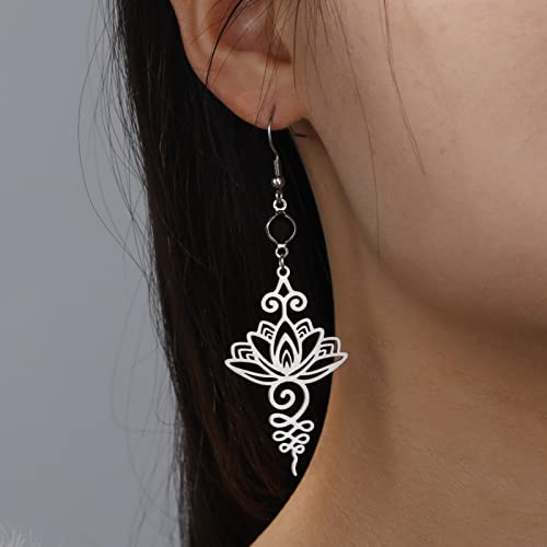 TEAMER Stainless Steel Lotus Flower Dangle Earrings Bohemian Drop Earring Unique Geometric Jewelry for Women - color: Lotus 4-Steel Color