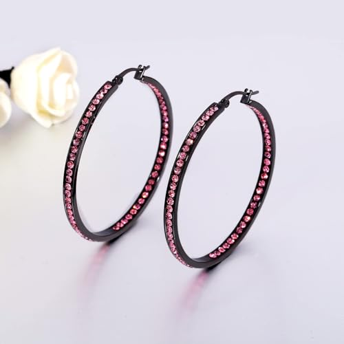 CiNily Mult-colors Crystal Stainless Steel Hoop Earring for Women Hypoallergenic Jewelry for Sensitive Ears Large Big Hoop Earrings 2" - color: Black&Pink