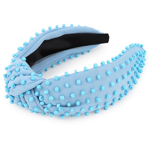 YISSION Light Blue Knotted Headband for Women - Wide Beaded Hair Hoop, Stylish Hair Accessory for Daily Wear, Parties & Casual Outfits - color: Light Blue