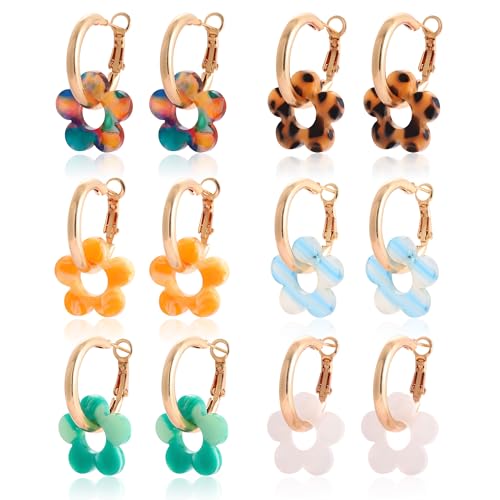 LETFLY 3/5/6 Pairs Flower & Heart Drop Dangle Earrings for Women, Colorful Hypoallergenic Hoop Earrings Set, Summer Boho Statement Fashion Jewelry Gifts - style: Style B