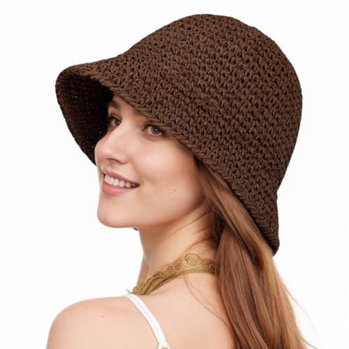 Womens Floppy Straw Sun Hat Packable Wide Brim Summer Beach Hat Foldable Crochet Bucket Hats - color: Brown 2
