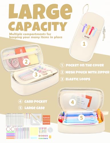 SUNEE Cute Pencil Case, Aesthetic Pen Pouch, Colored Large Pencil Bag with Zipper, Kawaii Stationery Storage and Organizer, School Supplies for Teen and Adult Girls, Beige - color: Beige