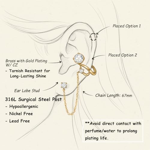 A Pair of 14K Gold Plated Chain Ear Cuff Earrings for Women - 316L Surgical Steel Post Hypoallergenic, Cubic Zirconia Crystal Tassel Drop Dangle Crawler, Non-Slip Cartilage Clip On Jewelry Gifts