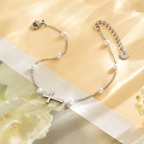 Cross Anklets for Women, 18K Gold Plated Dainty Ankle Bracelets with Colorful Beads Pearl Anklet, Adjustable Religious Christian Satellite Cross Chain, Waterproof Boho Summer Beach Jewelry - style: Pearl Cross Anklet-White Gold