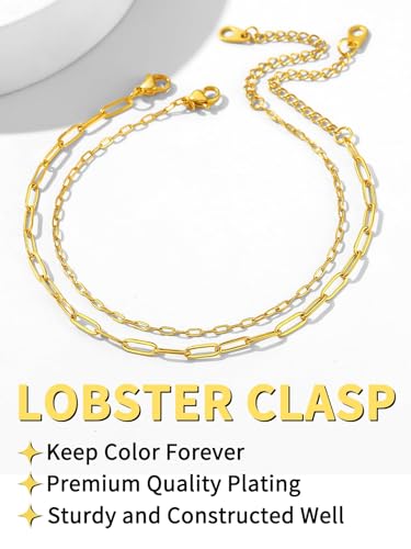 ChainsHouse Ankle Bracelets for Women, Stainless Steel Chain Anklets Waterproof, Women Summer Beach Jewelry Gift, Come with Box - color: 02. 2Pcs-(2+3mm)-Paperclip-14K Gold