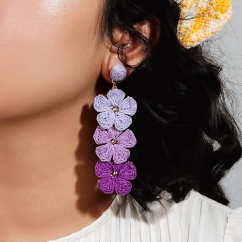 Boho Flower Earrings Statement Raffia Dangle Earrings Cute Floral Jewelry Trendy Summer Beach Vacation Outfits for Women - color: Purple-2