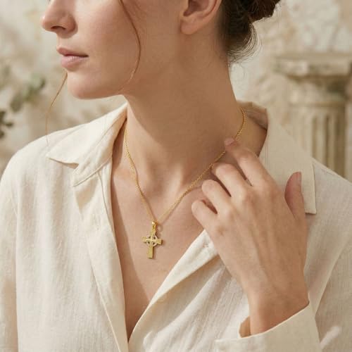 14K Gold Cross Necklace Gold Cross Pendant Necklace Christian Faith Jewelry Gifts for Women - style: E-Celtic Cross