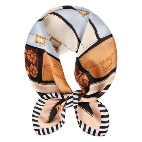 Relang Fashion Silk Satin Head Scarf for Women Hair Bandana Hair Scarf Wrap Neck Scarf for Women 27.5×27.5 inches - color: Bag Pattern Brown Striped Edge
