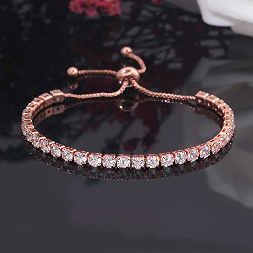 CiNily Adjustable Tennis Bracelets for Women Teen Girls Rainbow Cubic Zirconia Bracelet 14K White Gold Plated Hypoallergenic Slider Bracelet Jewelry Gift - color: Adjustable bracelet-rose gold