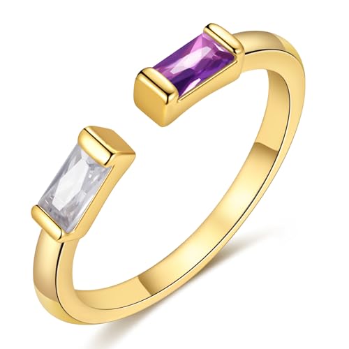 TOBENY Gold Birthstone Rings for Women 14K Gold Plated Adjustable Rings Non Tarnish Gold Stackable Rings Dainty Emerald Green Cubic Zirconia Ring for Mother Daughter Birthday Jewelry Gifts - color: Feb+Apr