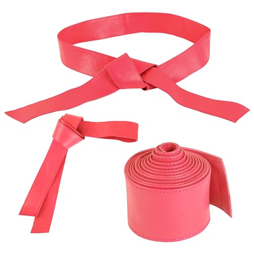 Woman's Obi Sash Tie Plus Size Waist Band Wide Solid Color Genuine Leather Belt - color: Pink