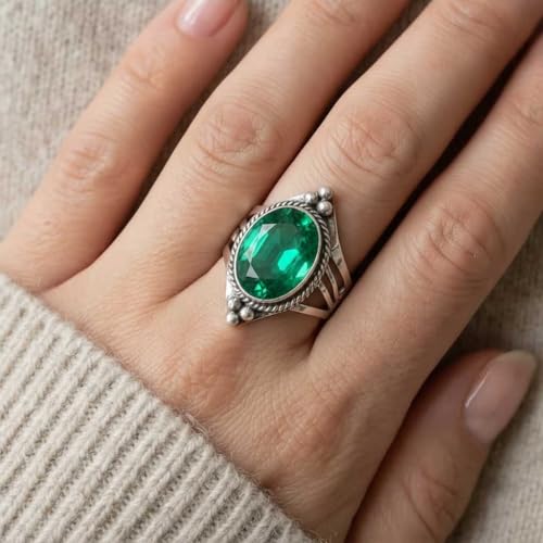 Handmade 925 Sterling Silver Plated Ring Natural Gemstone Carnelian, Rose Quartz, Tiger Eye, Crystal Oval Boho Jewelry For Women - color: Emerald Simulated