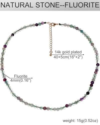 Simple Choker Necklace for Women Real Stone and Crystals Necklaces 4mm Beaded Choker Jewelry Meditation Gift for Women (16"+2") - style: Fluorite