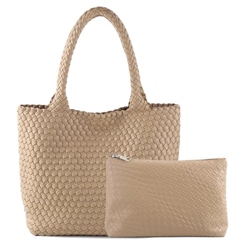 Hand Woven Bag Tote BagS For Women Top Handle Shoulder Vegan Leather Large Travel Beach Hobo Handbag - color: Apricot