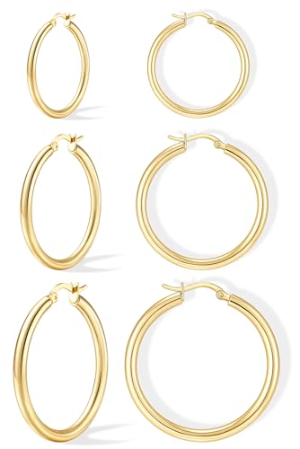 Poxtex Small Sterling Silver Huggie Hoop Earrings Set for Women, Hypoallergenic 14K Gold Plated Hoops Stacks for Multiple Piercings, Dainty Cute Mini Lightweight Cartilage Studs Trendy Jewelry Gift - color: Gold-large hoops 8 15 20