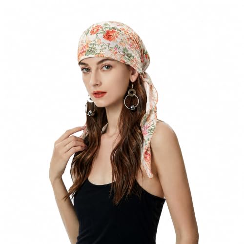 ZLYC Chemo Headwear Pre Tied Head Scarf Headwraps Lightweight Turban Beanie Cap for Women - color: Flower White