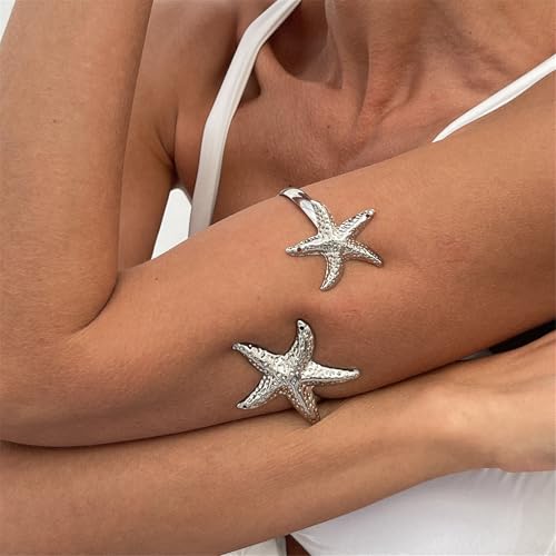COLORFUL BLING Ocean Starfish Flower Arm Cuff Bracelet for Women Boho Floral Bangle Summer Beach Vacation Armband Jewelry - color: B siver stafish