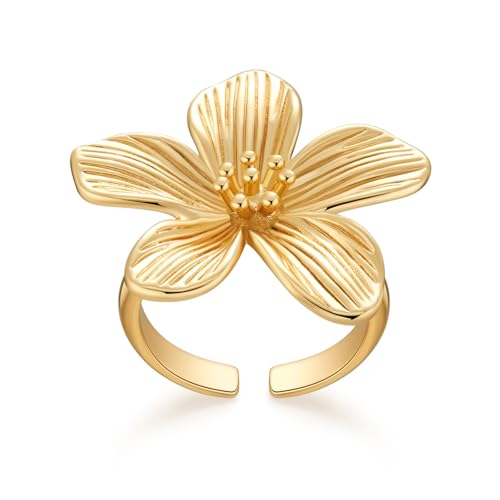 Chic Flower Adjustable Open Finger Statement Ring for Women 18K Gold Vintage Plant Floral Stackable Wrap Knuckle Middle Rings Dainty Extendable Cocktail Party Holiday Jewelry