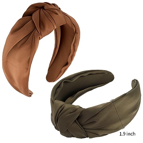 VELSCRUN 2 Pack Satin Wide Knotted Headbands - Brown Elastic Turbans, Non-Slip Silk Hair Styling Accessories for Women, Sisters, Girls, Gifts - color: Brown,Khaki