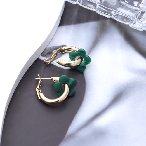 Chunky Acrylic Gold Small Flower Hoop Huggie Earrings, Colorful Boho Ear Piercing Dangle Drop Earrings, Dainty Chic Charm Jewelry Gift - color: Green