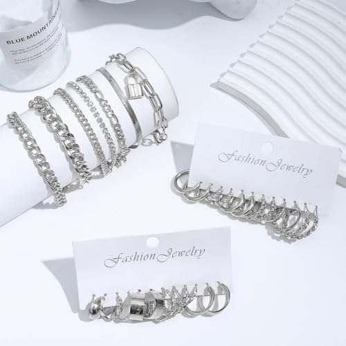 NEWITIN 44 Pieces Chunky Gold Jewelry Set for Women Fashion Costume Jewelry Gold Plated Chunky Necklace Chain Bracelet Ring Hoop Earrings Set for Women - color: Silver B