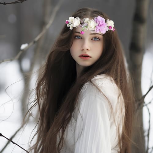 Vivivalue Floral Crown Headband Flower Headpiece Hair Wreath Floral Halo Boho with Ribbon Wedding Party Photos Prom Lavander - color: 75