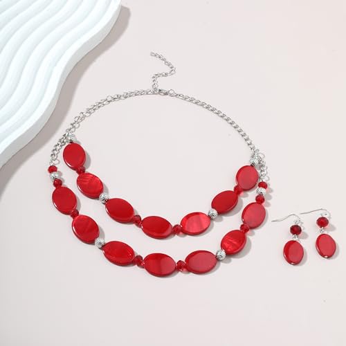 2 Layered Chunky Beaded Shell Necklace for Women Sea Shell blue/yellow/red/green/turquoise/teal/white Statement Necklace and Earring Set Elegant Women Necklace Set Jewelry Sets for Women - color: Red