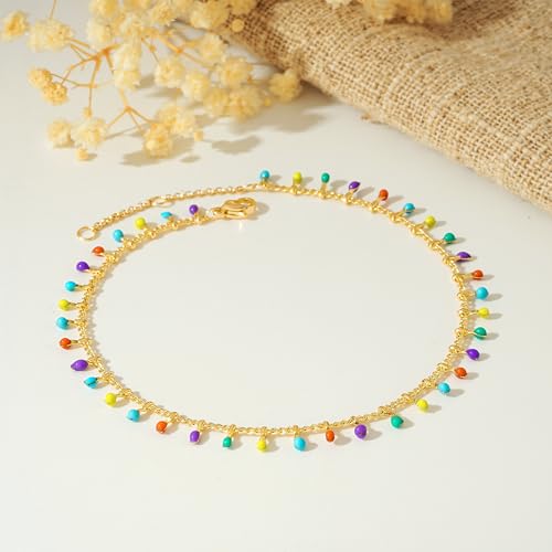 MTMY Gold Anklets for Women 14K Gold Plated Tiny Bead Anklet Colorful Tassel Foot Chain Dainty Adjustable Cute Summer Beach Boho Anklets Jewelry Gift - style: colorful tassel