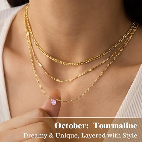 WomenGifts Layered Gold Necklaces for Women, 14K Gold Sterling Silver Plated Dainty Pendant Necklace Set Non Tarnish, Chunky Stackable Cuban Chain Choker, Trendy Birthstone Vacation Jewelry Gift - color: Gold, style: Cubic Zirconia-Created Pink Tourmaline