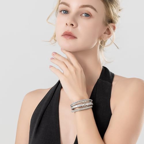 FANCY SHINY Boho Leather Wrap Bracelet Stackable Infinity Chunky Cuff Bracelets Western Hippie Outfits Jewelry Valentine Gifts for Women - color: Silver