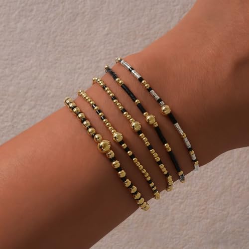 14K Gold Plated Beaded Bracelets Stack Set for Women,Stretch Boho Colorful Beads Ball Jewelry Friendship Summer Trendy - color: Gold Black Beaded