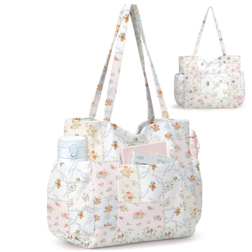 Corduroy Tote Bag for Women,Large Capacity Cute Tote Bags With 6 Pockets,Crossbody Shoulder Handbag for Work Travel Gym - color: Cottage Garden Patchwork