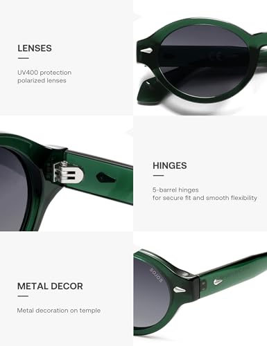 SOJOS Retro Oval Polarized Sunglasses for Women Men Chic Trendy 90s Sunnies Shades UV protection Sun Glasses SJ2630 - color: Green Frame Grey Grading Lens