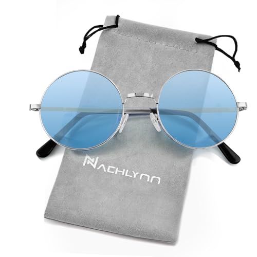 NACHLYNN Round Hippie Sunglasses Metal Border Circle Hippie Glasses UV380 Protection 70s Sunglasses for Men Women Party Favor - color: Light Blue