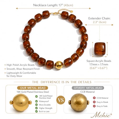 Mchic Colorful Beaded Choker Necklace for Women: Boho Large Square Acrylic Beaded Necklace Stainless Steel Adjustable Surfer Beach Strand Necklaces Summer Handmade Jewelry Gift for Women - color: Amber