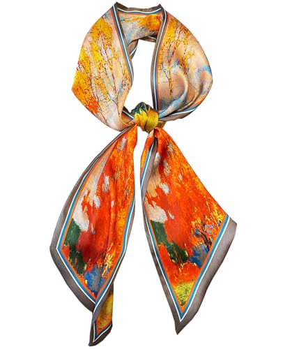 Head Scarf Purse Handle Neck Satin Hair Scarfs For Bag Lightweight Silky Long Thin Women's Fashion Scarves 59 * 5.9” - color: H22-the Woods in Autumn(59*5.9inch)