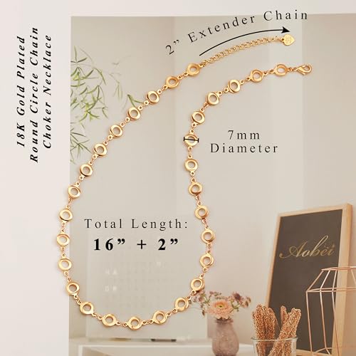 Aobei Pearl 18K Gold Plated Paperclip Chain Choker Satellite Chain Freshwater Cultured Biwa Pearl Pendant Necklace Dainty Turquoise Jewelry for Women - color: 18K Gold Plated Small Round Circle