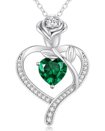 LOUISA SECRET Rose Flower Heart Birthstone Necklaces for Women, 925 Sterling Silver Jewelry, Pendant Heart Necklaces Birthday Anniversary Christmas Gift for Women Wife Mom Girlfriend Lady - color: White Gold-05-May