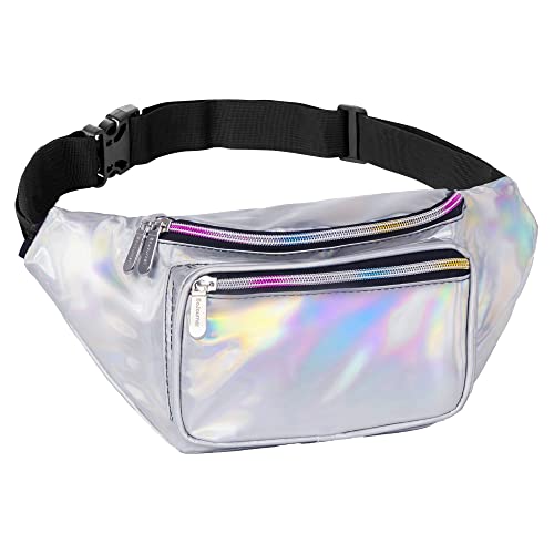 Holographic Fanny Pack Belt Bag | Waterproof Crossbody Bum Waist Pack - For Halloween, Rave, Hiking, Running, Travel (Silver) - color: Holographic - Silver
