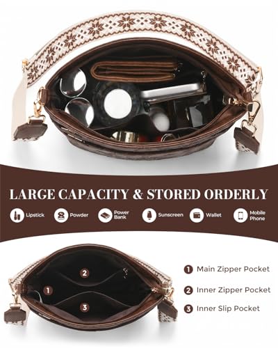 Crossbody Bags For Women, Vegan Leather Crossbody Purses with Boho Strap, Daily Travel Shoulder Handbag - color: Coffee Brown